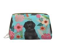 Borsa da toeletta, borsa per il trucco, da toeletta da viaggio portatile con cerniera,Cane Shih Tzu nero floreale