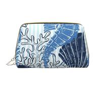 Borsa da toeletta, borsa per il trucco, da toeletta da viaggio portatile con cerniera,Conchiglia Cavalluccio marino Corallo Blu Striato Nautico Vita da spiaggia