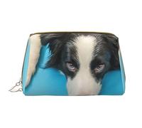 Borsa da toeletta, borsa per il trucco, da toeletta da viaggio portatile con cerniera,Cucciolo di cane divertente Border Collie sfondo blu
