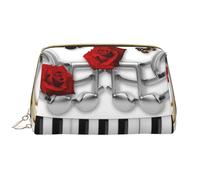 Borsa da toeletta, borsa per il trucco, da toeletta da viaggio portatile con cerniera,Fiore di rosa rossa su pianoforte bianco e nero