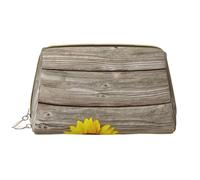 Borsa da toeletta, borsa per il trucco, da toeletta da viaggio portatile con cerniera,Girasole su legno rustico