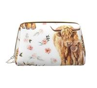 Borsa da toeletta, borsa per il trucco, da toeletta da viaggio portatile con cerniera,Mucca scozzese delle Highlands rosa primaverile floreale