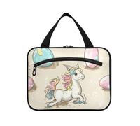 Borsa da toeletta da viaggio con gancio da appendere con uova di Pasqua e unicorni bianchi, design lavabile per la cura della pelle per le donne Must Work maletín para maquillaje L