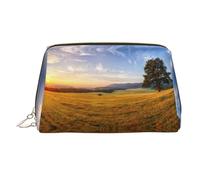 Borsa da toeletta da viaggio stampata paesaggio autunnale con erba dorata, custodia portatile con tre scomparti interni per accessori, Oro, One Size