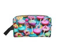 Borsa da toilette colorata con dolce lecca-lecca e cupcake con stampa a ciambella, borsa per cosmetici, borsa da viaggio spaziosa per donne, bianco, Taglia unica