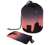 Borsa da toilette con coulisse, borsa da toilette a forma di barile City Under Starry Night, borsa per cosmetici, organizer da viaggio per trucchi + piccola borsa, Multi,