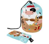 Borsa da toilette con coulisse, borsa da toilette a forma di barile Merry Christmas Cow Friends, borsa per cosmetici, organizer da viaggio per trucchi + piccola borsa, Multi,