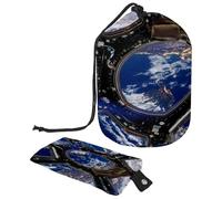 Borsa da toilette con coulisse, borsa per cosmetici a forma di barile con motivo Terra e astronave, organizer da viaggio + piccola borsa, Multi, 9.9x6.9in/25.2x17.6cm;6x3.5in/15.2x8.8cm, Beauty case