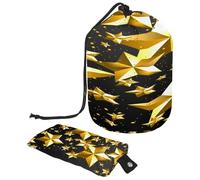 Borsa da toilette con coulisse, borsa per cosmetici a forma di barile con stelle 3D dorate, da viaggio, organizer per trucchi + piccola borsa, Multi, 9.9x6.9in/25.2x17.6cm;6x3.5in/15.2x8.8cm, Beauty