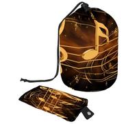 Borsa da toilette con coulisse, nota musicale dorata e Starff a forma di barile, borsa per cosmetici, organizer per trucchi da viaggio + piccola borsa, Multi, 9.9x6.9in/25.2x17.6cm;6x3.5in/15.2x8.8cm,