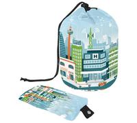 Borsa da toilette con coulisse, Smart City con edifici e auto, a forma di botte, borsa per cosmetici, organizer per trucchi da viaggio + piccola borsa, Multi, 9.9x6.9in/25.2x17.6cm;6x3.5in/15.2x8.8cm,