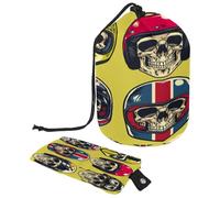 Borsa da toilette con coulisse, teschio con casco, a forma di barile, borsa per cosmetici, organizer da viaggio + piccola borsa, Multi, 9.9x6.9in/25.2x17.6cm;6x3.5in/15.2x8.8cm, Beauty case
