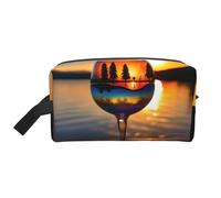 Borsa da toilette con stampa di bicchiere di vino al tramonto per uomo borsa da toilette da viaggio, borsa cosmetica spaziosa per le donne, bianco, Taglia unica