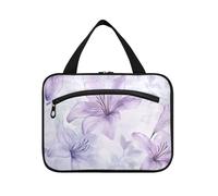 Borsa da toilette da appendere viola chiaro con fiori di giglio ad acquerello da viaggio con gancio, borsa per pennelli essenziale da donna da viaggio maleta para maquillaje L