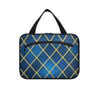 Borsa da toilette da donna con gancio, da appendere, a forma di cubo blu navy, con griglia dorata, borsa per snack espandibile da donna per viaggio maleta para maquillaje L