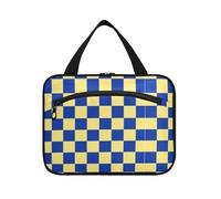 Borsa da toilette da uomo a quadri gialli e blu con gancio, borsa della medicina unisex di design per gli elementi essenziali per le donne Bagno estuches para maquillaje L