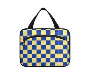 Borsa da toilette da uomo a quadri gialli e blu con gancio, borsa della medicina unisex di design per gli elementi essenziali per le donne Bagno estuches para maquillaje L