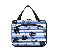 Borsa da toilette da uomo a righe blu reale con fiori neri che viaggiano con gancio, borsa alla moda di design con scomparti per accessori da viaggio WC maletín para maquillaje L