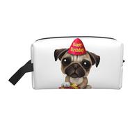 Borsa da toilette da uomo, con stampa di cucciolo di carlino con scritta "Happy Birthday", capiente, da viaggio, bianco, Taglia unica