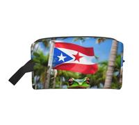 Borsa da toilette da uomo con stampa di palme e rana con bandiere di Puerto Rico, borsa da toilette da viaggio, borsa cosmetica spaziosa da donna, bianco, Taglia unica