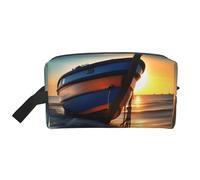 Borsa da toilette da uomo con stampa nautica con barca e spiaggia all'alba, borsa da viaggio spaziosa per cosmetici da donna, bianco, Taglia unica