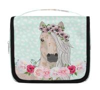 Borsa da toilette da viaggio con grazioso cavallo con fiore per donne, uomini, bambini, ragazzi e ragazze, borsa da bagno da appendere, organizer per cosmetici e trucchi, Colore, L, Organizer per