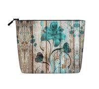 Borsa da toilette da viaggio con stampa a assi di legno con fiore di foglia di tè, borsa da viaggio per trucchi, custodia portatile per trucco da donna, Nero , Taglia unica
