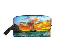 Borsa da toilette da viaggio con stampa di nave pirata al tramonto, borsa per il trucco da appendere grande capacità, organizer versatile per donne e uomini
