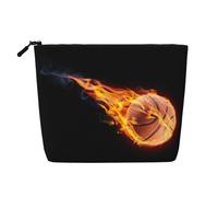 Borsa da toilette da viaggio con stampa di pallacanestro sul fuoco,Borsa da viaggio per trucco,Custodia portatile per trucco da donna, Nero , Taglia unica