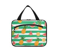 Borsa da toilette da viaggio da appendere alla frutta estiva a righe bianche verdi per le donne con gancio, borsa per il trucco di grande capacità lavabile di design per accessori da viaggio kit de
