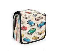 Borsa da toilette da viaggio da appendere alla moda con motivo auto da corsa per donne, uomini e ragazze, carino veicolo impermeabile per trucco cosmetico borsa organizer per oggetti essenziali da