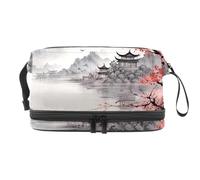 Borsa da toilette da viaggio,piccola borsa per il trucco,fiume di montagna in fiore di ciliegio,borsa per il trucco da donna