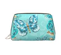 Borsa da toilette da viaggio stampata con farfalla azzurra, custodia portatile con tre scomparti interni per accessori, Oro, One Size