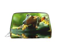 Borsa da toilette da viaggio stampata con rana verde, custodia portatile con tre scomparti interni per accessori, Argento, One Size