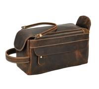 Borsa da toilette for uomo e donna in vera pelle, borsa da viaggio for trucco, pochette da barba in pelle di mucca(Dark Brown)