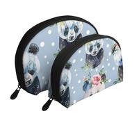 Borsa da toilette portatile da viaggio con motivo panda che indossa fiori stampati 2 pezzi, bianco, Taglia unica