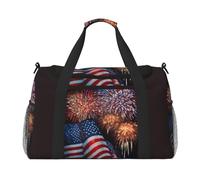 Borsa da trasporto con stampa di fuochi d'artificio con bandiera americana, elegante, pieghevole, con cerniera impermeabile, per week-end