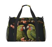 Borsa da trasporto pieghevole con stampa di pappagalli di coppia di olive, grande capacità, per viaggi di fine settimana in aereo
