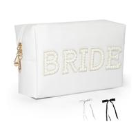Borsa da trucco con lettera con toppa da sposa, regalo di fidanzamento, con perle, strass, impermeabile, in poliuretano, da viaggio, per borsa, regalo per addio al nubilato, addio al nubilato, donne,