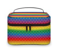 Borsa da trucco da donna a forma di sirena, con squame di pesce e arcobaleno, organizer con scomparti e maniglia, per trucco da uomo, impermeabile, in morbida pelle, per la cura della pelle, per via