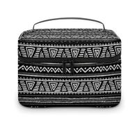 Borsa da trucco da donna con motivo geometrico africano floreale nero, organizer con scomparti e maniglia, per trucco da uomo, impermeabile, in morbida pelle, per la cura della pelle, per viaggi, ca