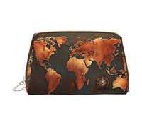 Borsa da trucco in pelle con stampa retrò scozzese piccola borsa cosmetica da viaggio per donne, organizer per cosmetici e trucchi, Mappa del mondo Rust, One Size