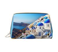 Borsa da trucco in pelle con stampa retrò scozzese piccola borsa cosmetica da viaggio per donne, organizer per cosmetici e trucchi, Santorini Greek Island Vista Mare, One Size