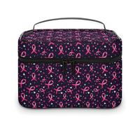 Borsa da trucco nera con nastro d'amore per la consapevolezza del cancro al seno, per donne, borsa da viaggio per cosmetici, grande borsa da toilette impermeabile per la cura della pelle con manico,