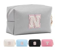 Borsa da trucco personalizzata iniziale per donne, borsa cosmetica da viaggio, borsa da toilette, regalo di compleanno per donne e ragazze, borsa cosmetica per sposa e damigella d'onore, argento, N