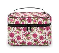 Borsa da trucco vintage da donna con stampa a ca di rose rosa, organizer con scomparti e manico, per uomo, in morbida pelle impermeabile, per la cura della pelle, per viaggi, campeggio, matrimon