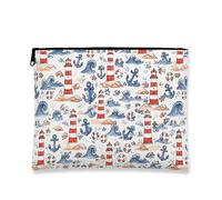 Borsa da trucco vintage nautica, con faro rosso e blu, borsa da viaggio per donne, organizer portatile in tela con cerniera, borsa da toilette estiva da spiaggia, Bianco, 7x9 Inch, Ancoraggi
