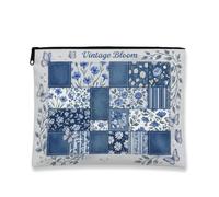 Borsa da trucco vintage patchwork, borsa da viaggio per cosmetici floreale blu per donne, organizer portatile in tela con cerniera, borsa da toilette primaverile per la cura della pelle, Blu, 7x9 Inch
