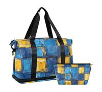 Borsa da viaggio a griglia blu-gialla da viaggio con cinghia regolabile per allenamento impermeabile, griglia blu-gialla, taglia unica, griglia blu-gialla, 1 size