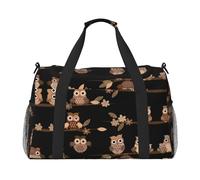Borsa da viaggio a mano con simpatico gufo marrone in stile cartone animato, grande borsa riutilizzabile per la spesa, perfetta per attività all'aperto, sport, campeggio e generi alimentari, nero